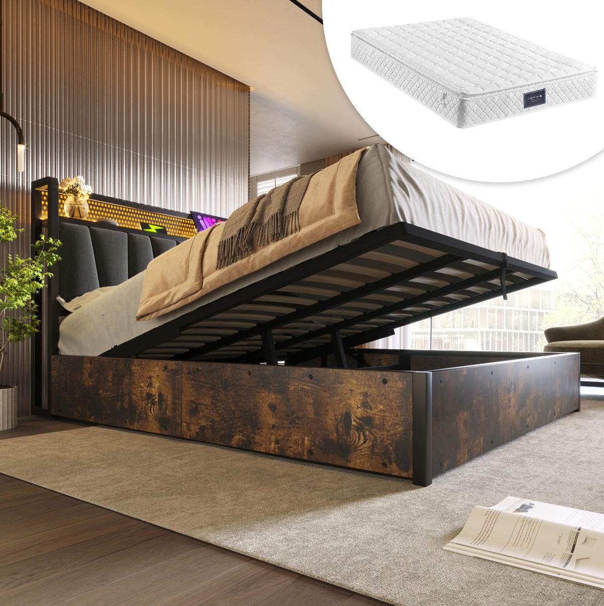 POLSTERBETT 160/200 cm mit Matratze, LED-Kopfteil, USB, Steckdosen und Bettkasten, Grau - Grau, Textil (160/200cm) - Redom