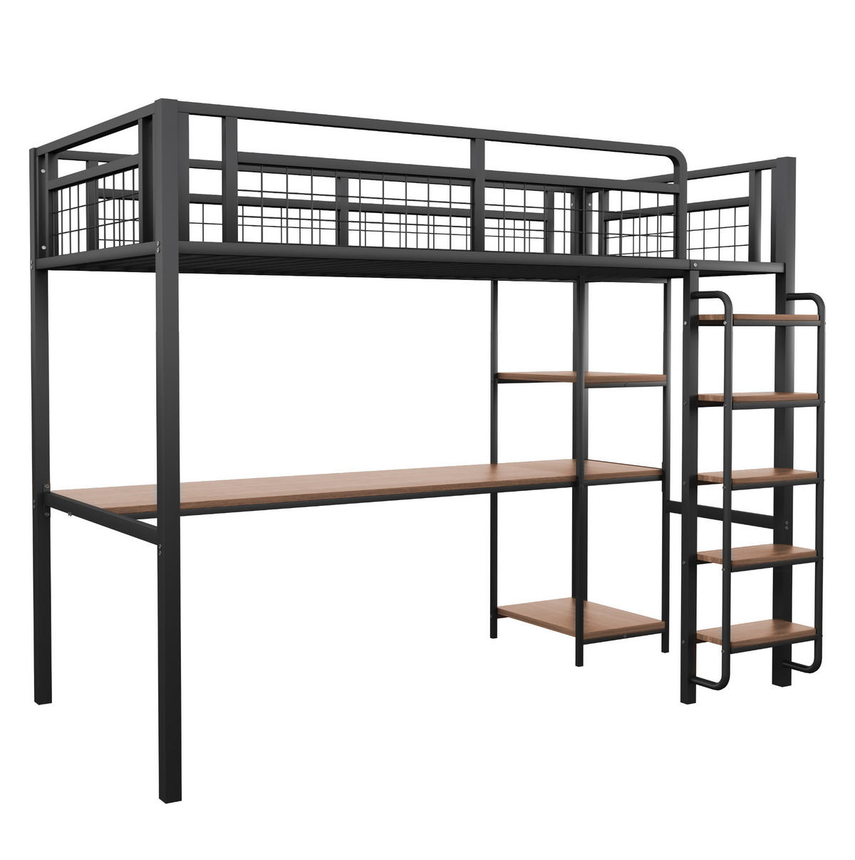 HOCHBETT 90/200 cm mit Schreibtisch, Regalen, Sicherheitsleiter und Metallgitter, Schwarz - Schwarz, Metall (90/200cm) - Redom