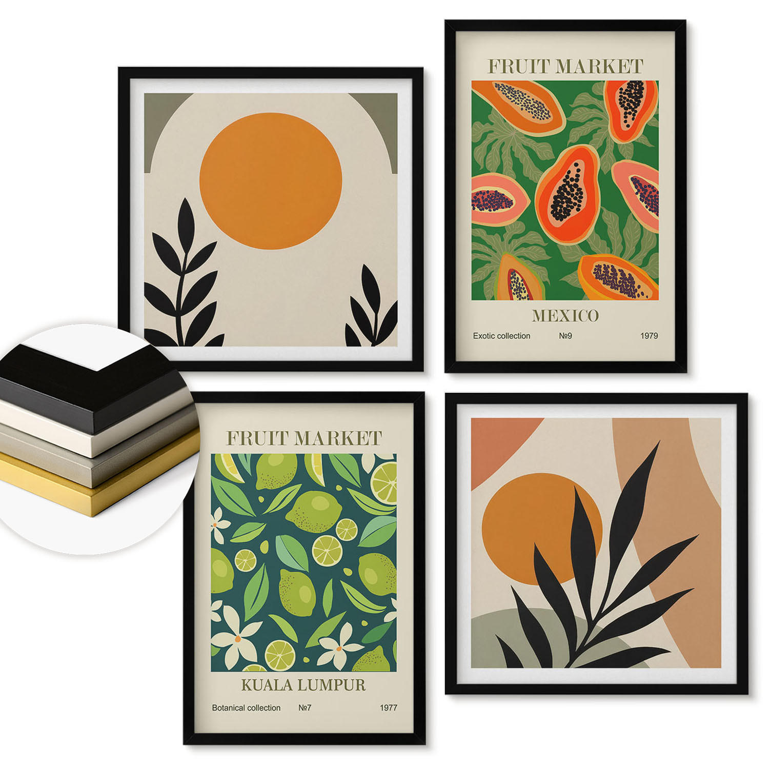 WANDBILDER 4er-Set - 50x50 cm & 40x60 cm Schwarzer Rahmen - Boho-Papaya-Fruchtmuster - Schwarz, Kunststoff (50/50cm) - ArtPrintCave