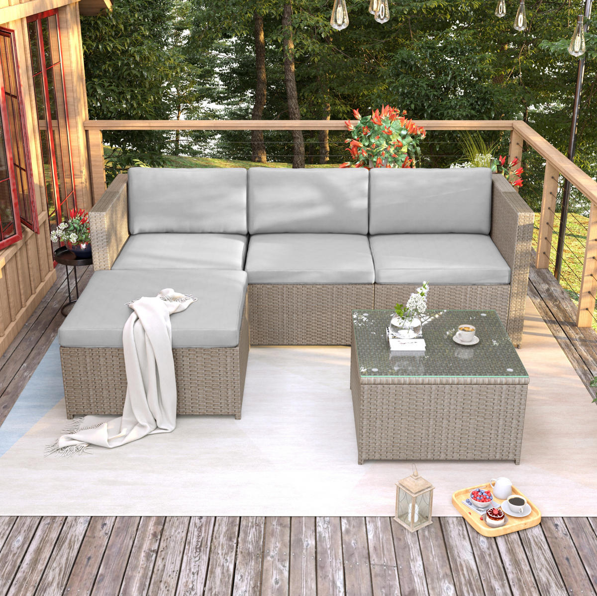 GARTENSET 196x136x67cm beige aus Polyrattan und Stahl, wasserdicht - Beige, Metall - Modfu