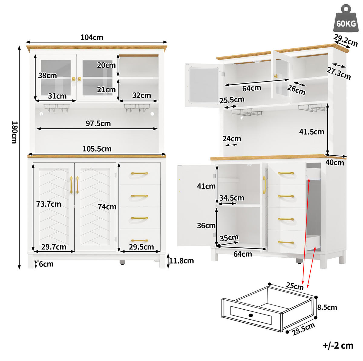 BUFFET 105,5/180/40 cm Weiß aus MDF mit LED-Lichtleiste - Weiß, Holzwerkstoff (40/180/105.5cm) - OKMYHOME