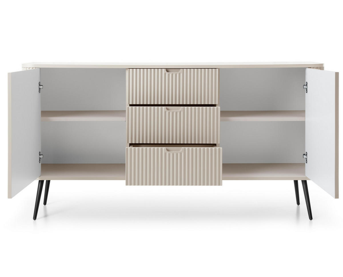 SIDEBOARD Salvia 2T 3S Beige, Schwarz 168/87/39 cm – mit geriffelten Fronten und hohen Beinen - Beige/Schwarz, Holzwerkstoff/Metall (168/87/39cm) - AX Living