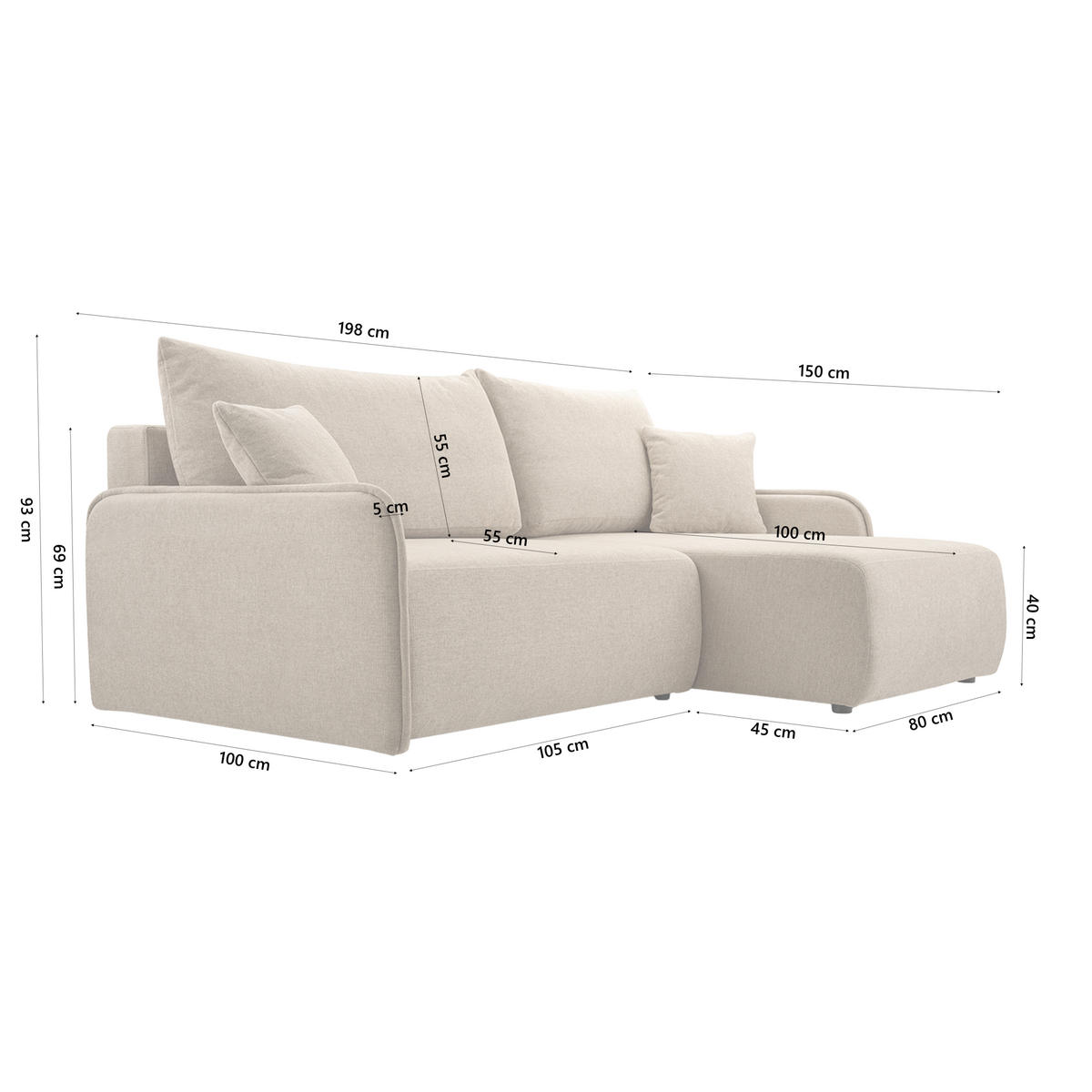 ECKSOFA BLIKO mit Schlaffunktion, Beige - Beige, Textil (198/150cm) - Fedve