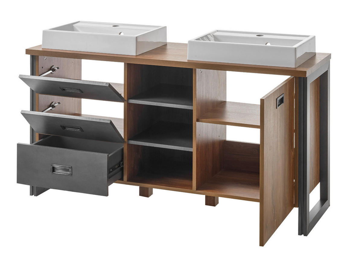 BADMÖBEL-SET 7-teilig Eiche Stirling, Matera grau, Doppelwaschtisch inkl. 2 x Waschbecken 277 x 205 cm Badkombination - Eichefarben/Grau, Holzwerkstoff (276/205/40cm) - Furn.Design