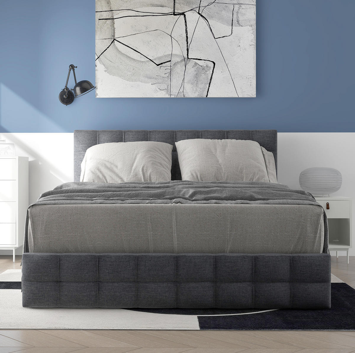 TAPECIRANI krevet 140/200 cm sivi od lana s 4 ladice i podesivim uzglavljem - siva, tekstil (140/200cm) - OKWISH