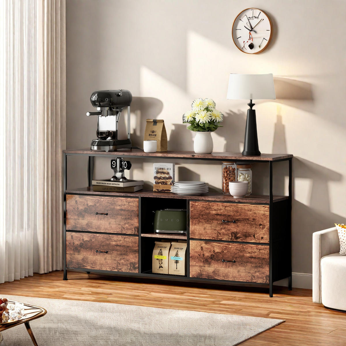 LOWBOARD, 108 x 30 x 76.8 cm, mit 4 Stoffschubladen und LED-Lichtern, Metallrahmen Vintage für Wohnzimmer - Eiche Artisan, Metall (29.8/76.8/108cm) - WoodenAura
