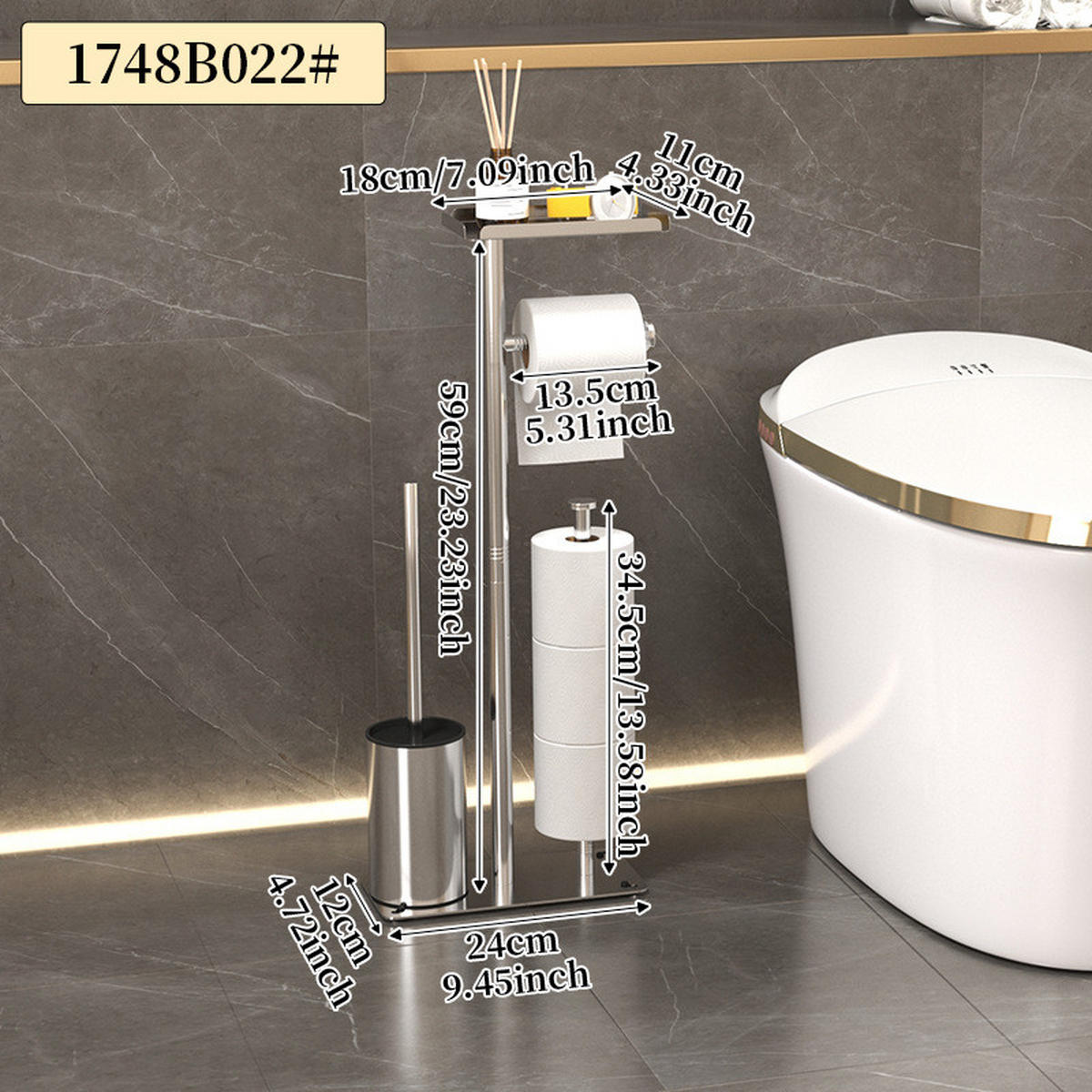 TOILETTENBÜRSTENHALTER – 2-in-1 (Silber) 24 x 12 x 60 cm - Silberfarben, Metall (12/60/24cm)
