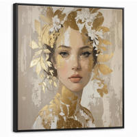 LEINWAND Bilder mit Rahmen - Gesicht - Frau - Blätter - Gold - 90x90 - Beige, Textil (90/90cm) - MuchoWow