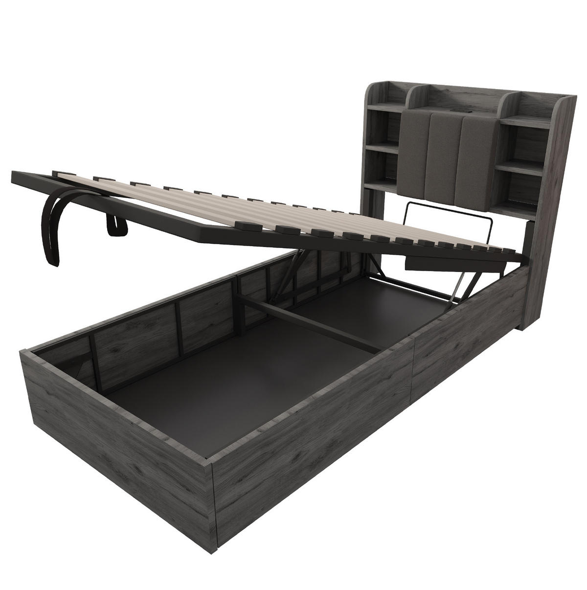 BETT 90/200 cm aus MDF mit USB-/Tape-C-Steckdose und Stauraum, Grau - Grau, Holzwerkstoff (90/200cm) - OKMYHOME