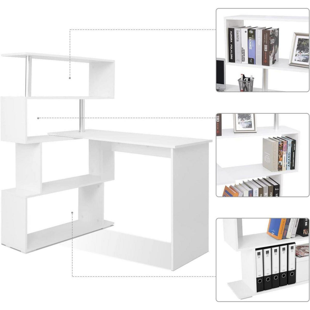 COMPUTERTISCH L-förmig mit drehbarem Bücherregal Weiß 157 x 45 x 130,5 cm - Weiß, Holzwerkstoff (45/157/130.5cm)