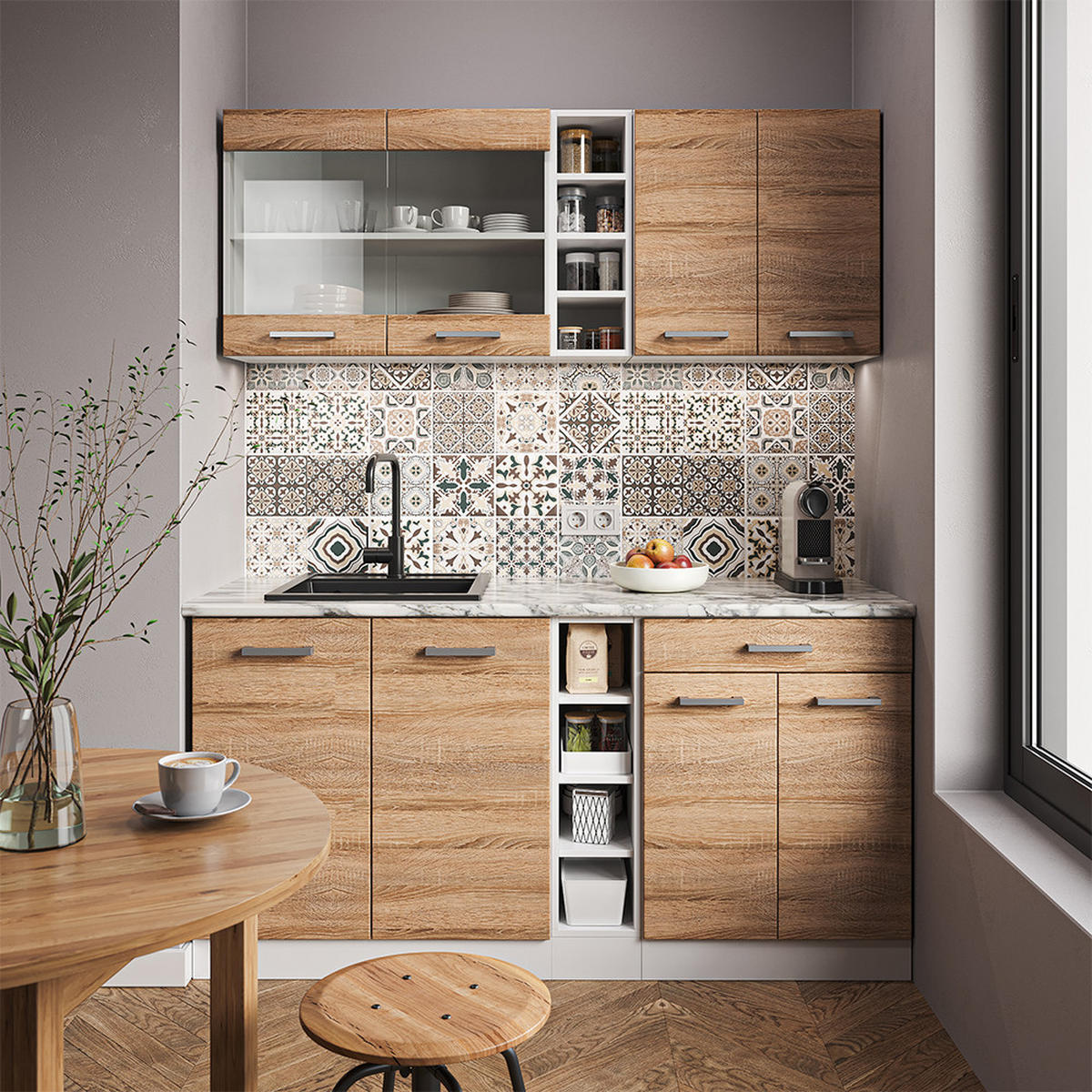 SINGLEKÜCHE R-Line Sonoma/Weiß 160 cm, AP Anthrazit - Weiß/Sonoma Eiche, Holzwerkstoff (160/81.6/60cm) - Vicco