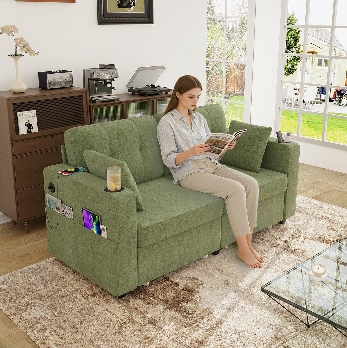 SOFA mit Stauraumschubladen und USB 172 x 75 x 82 cm Chenille Olive - Olivgrün, Holzwerkstoff (172/82/75cm) - Meubliv