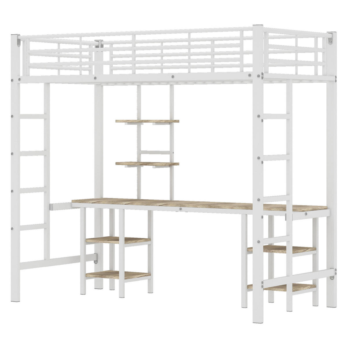 ETAGENBETT aus Metall und MDF 90x200 cm Weiß mit Schreibtisch, Regalen und Fallschutz - Weiß, Holzwerkstoff (90/200cm) - Modfu