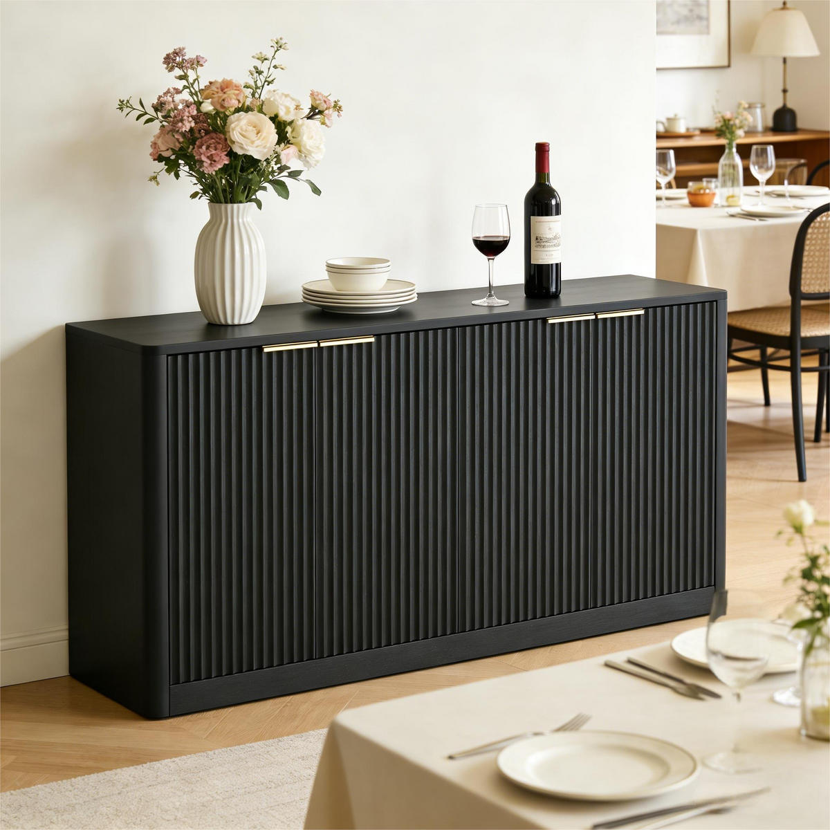 SIDEBOARD 150x40x70,5 cm mit Wellenform und 4 Türen, Schwarz - Schwarz, Holzwerkstoff (150/70.5/40cm)