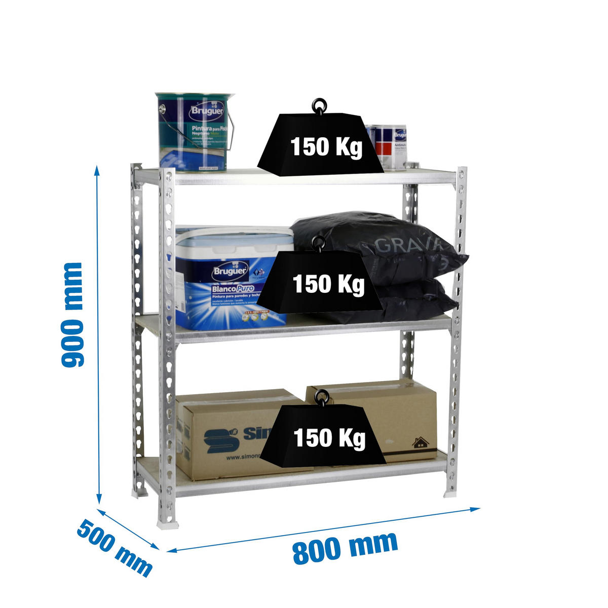 SCHWERLASTREGAL Baby Muli HxBxT 90 x 80 x 50 cm 3 Fachböden Fachlast 150 kg Verzinkt - Silberfarben, Metall (80/90/50cm) - PROREGAL