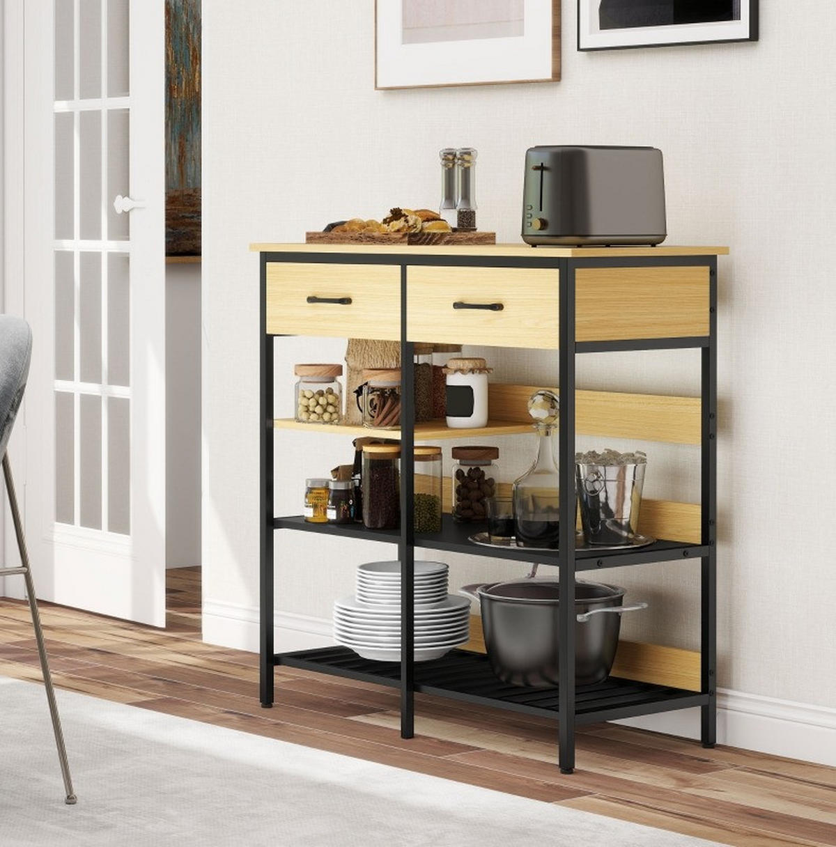 SIDEBOARD aus Holzwerkstoff 90x40x91 cm Naturfarben mit 2 Schubladen und 3 offenen Fächern im Industrial-Stil - Naturfarben, Holzwerkstoff (90/91/40cm) - Modfu