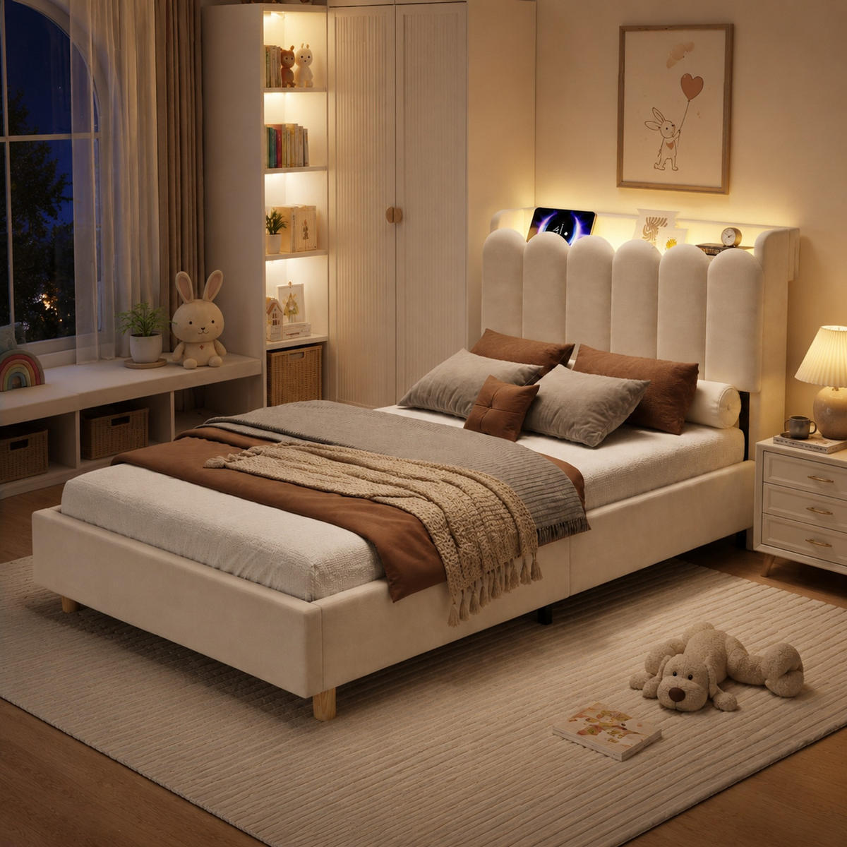 POLSTERBETT 90/200 mit USB- und Typ-C-Ladestation, Leselampe und gepolstertem Kopfteil mit Stauraum in Beige - Beige, Holzwerkstoff/Textil (90/200cm) - EVRYAE
