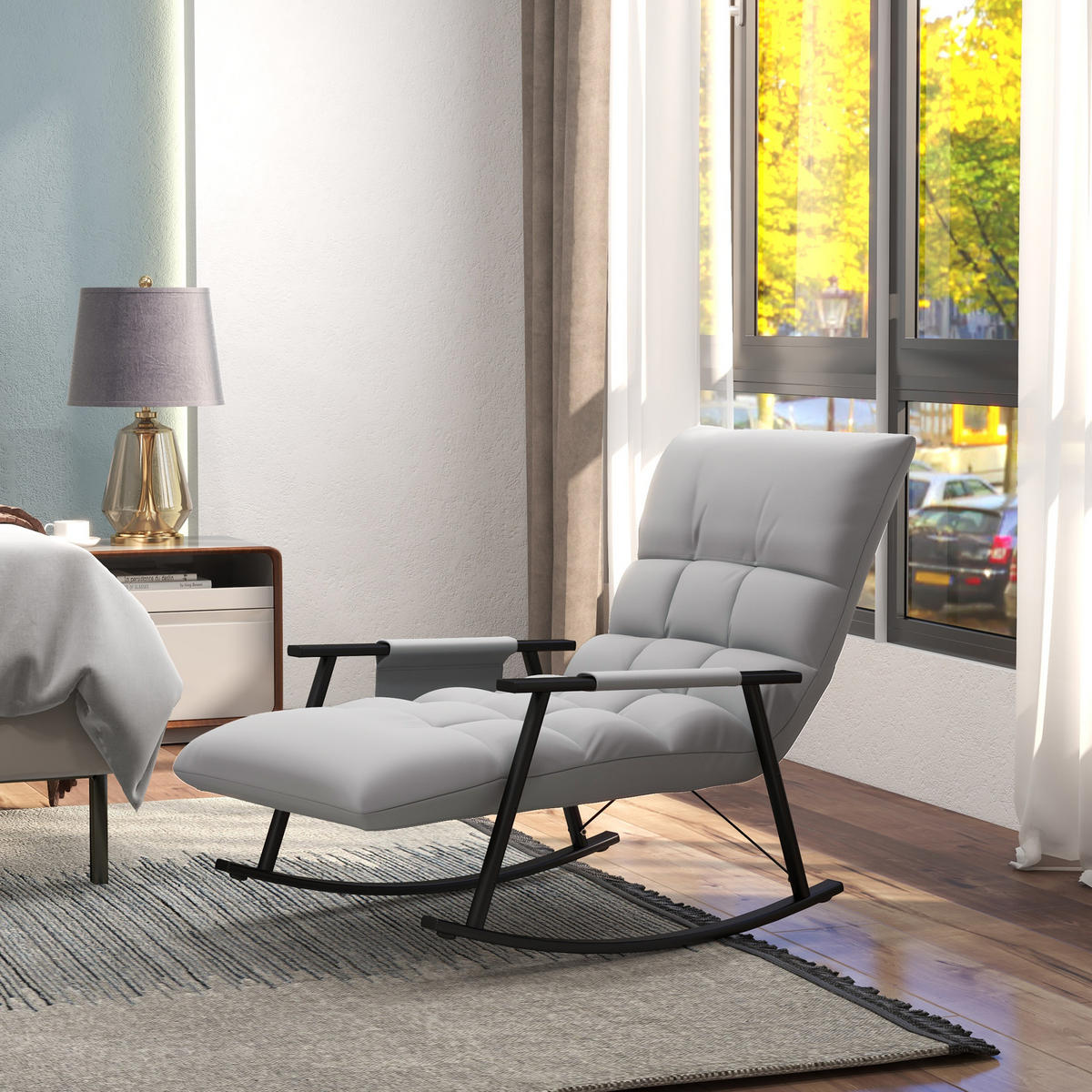SCHAUKELSTUHL Sessel Relaxsessel mit Fußstütze, Schaukelsessel mit Seitentasche - Grau, Kunststoff (134/70/60cm) - HOMCOM
