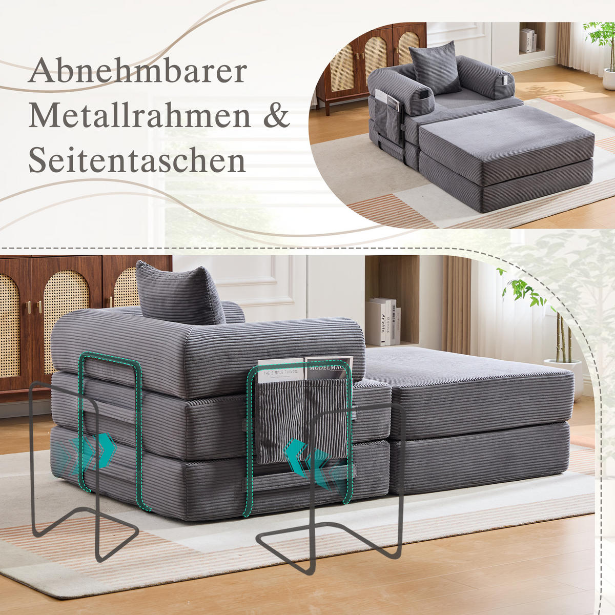 SOFA Cord Dunkelgrau mit Hocker, Kissen und Seitentasche - Dunkelgrau, Textil/Metall (112/67/190cm) - WISHDOR