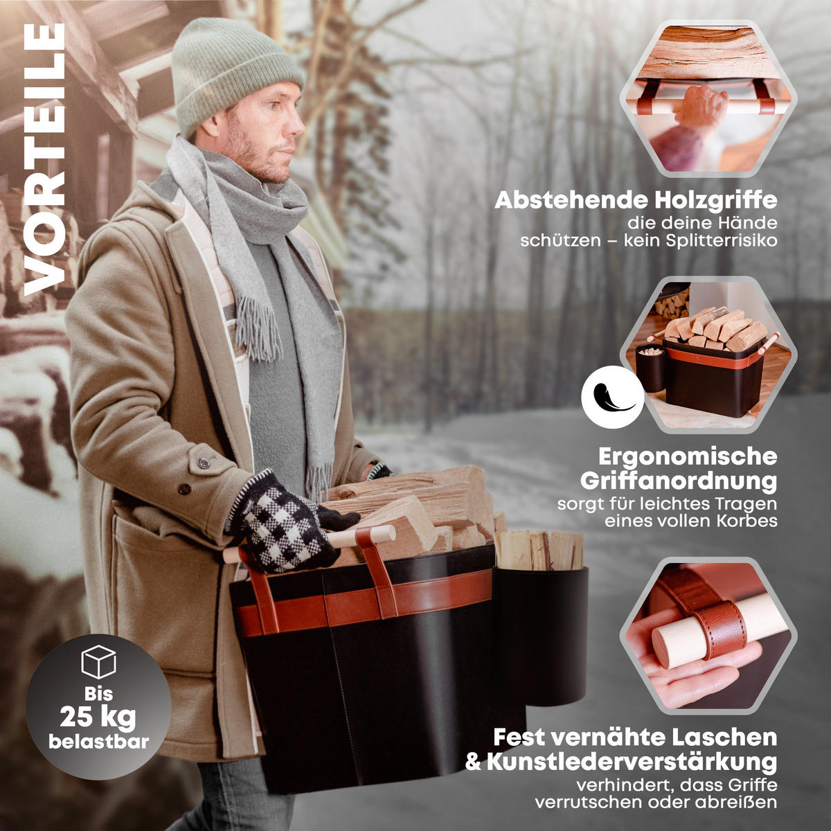 KAMINHOLZKORB LuxeLeather Duo 2er-Set veganes Leder mit ausreißsicheren Holzgriffen 50/40/35 cm - Schwarz, Kunststoff (40/35/50cm) - OAKAGE