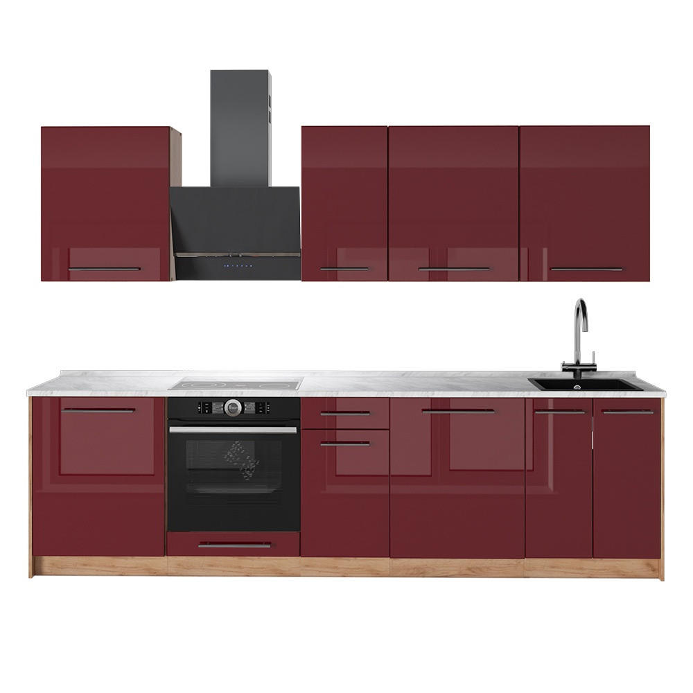 KÜCHENZEILE Fame-Line, Bordeaux Hochglanz/Goldkraft Eiche, 280 cm, AP Marmor - Honigeiche/Bordeaux, Holzwerkstoff (280/206.8/60cm) - Vicco