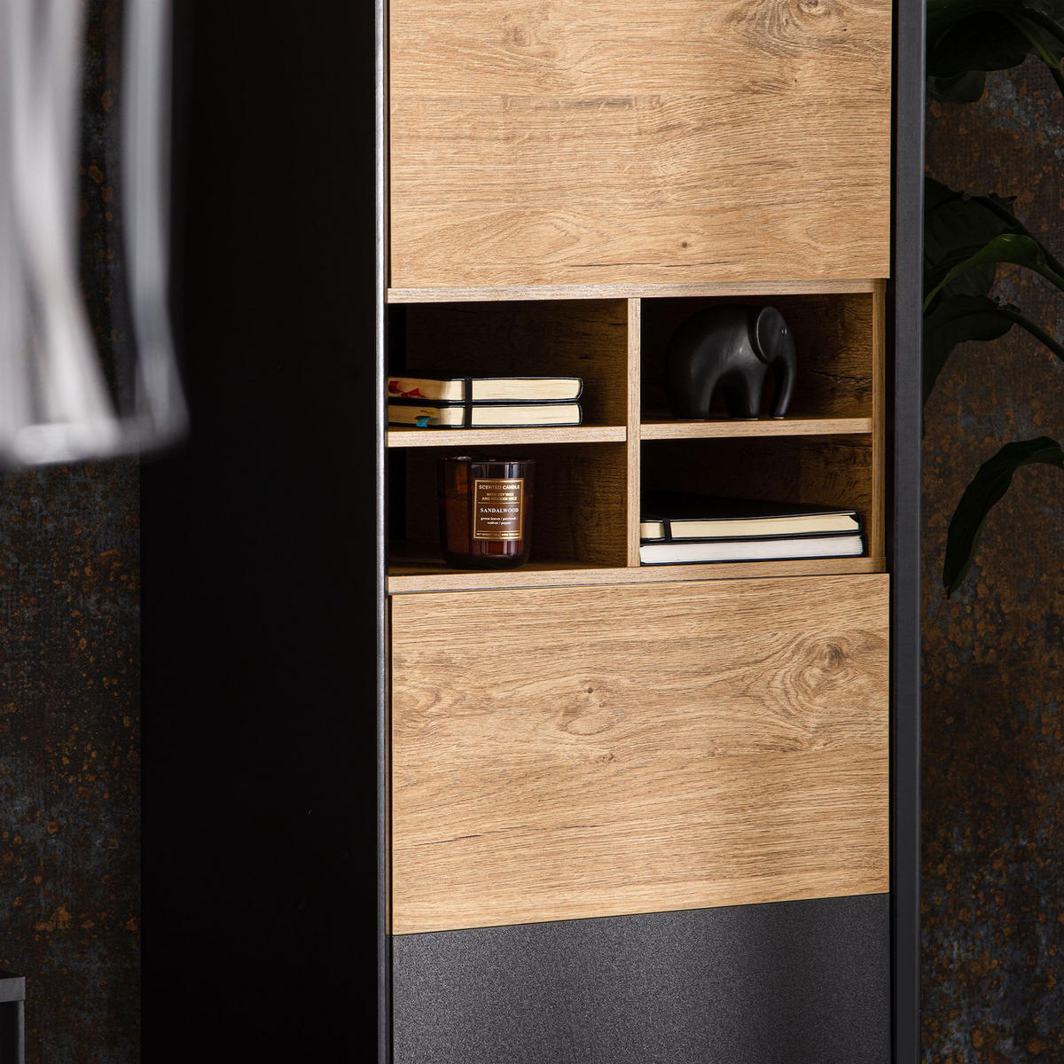 REGAL LOFTY Kreuzeinlage, schwarz / Eiche natur - Eichefarben/Multicolor, Holzwerkstoff (52/174/41cm) - KONSIMO®