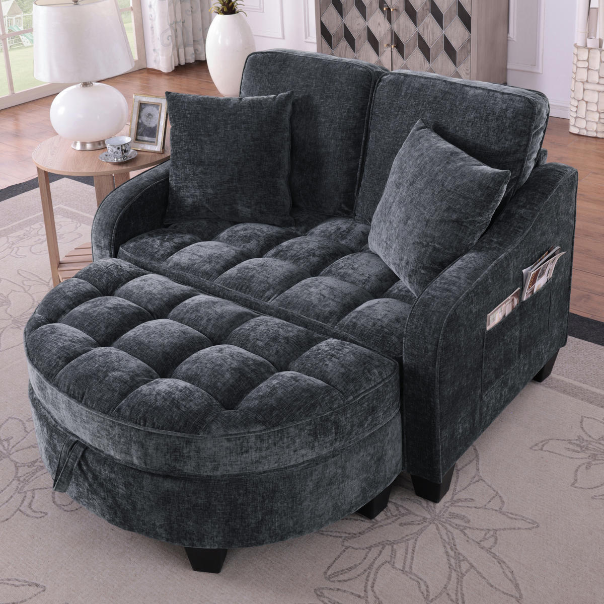 SOFA Chenille Schwarz mit Hocker und Stauraum - Schwarz, Holzwerkstoff/Kunststoff (132/93/129cm) - WISHDOR