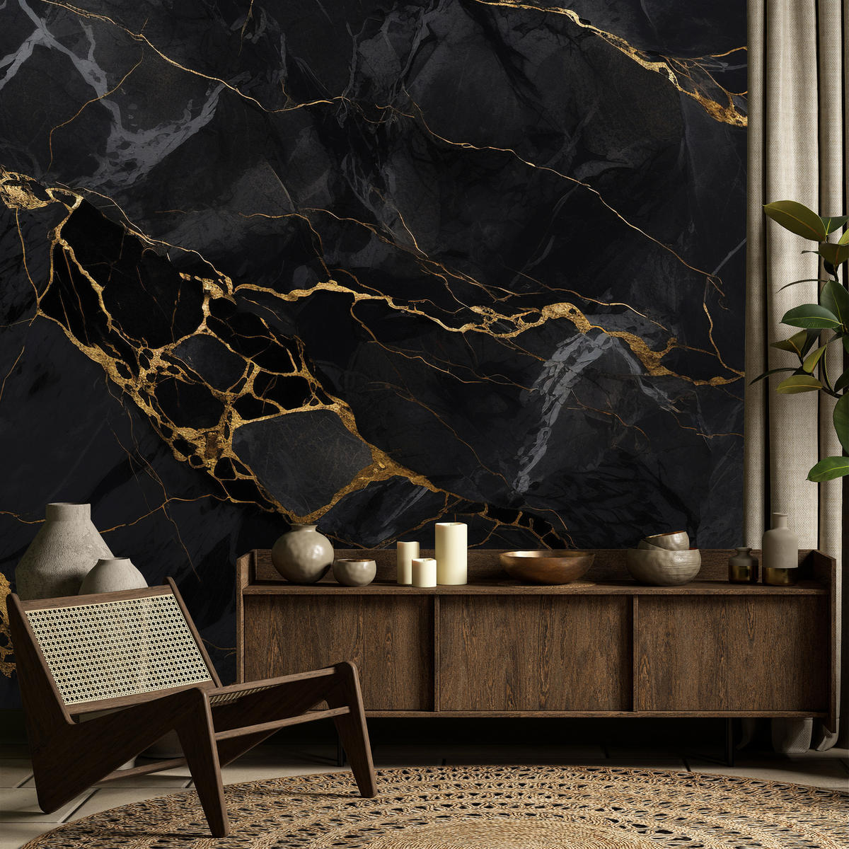 FOTOTAPETE Marmor Abstraktion Glamour Schwarz Modern Luxus Eleganz 150x105 - Gelb/Schwarz, Papier (150/105cm) - Muralo