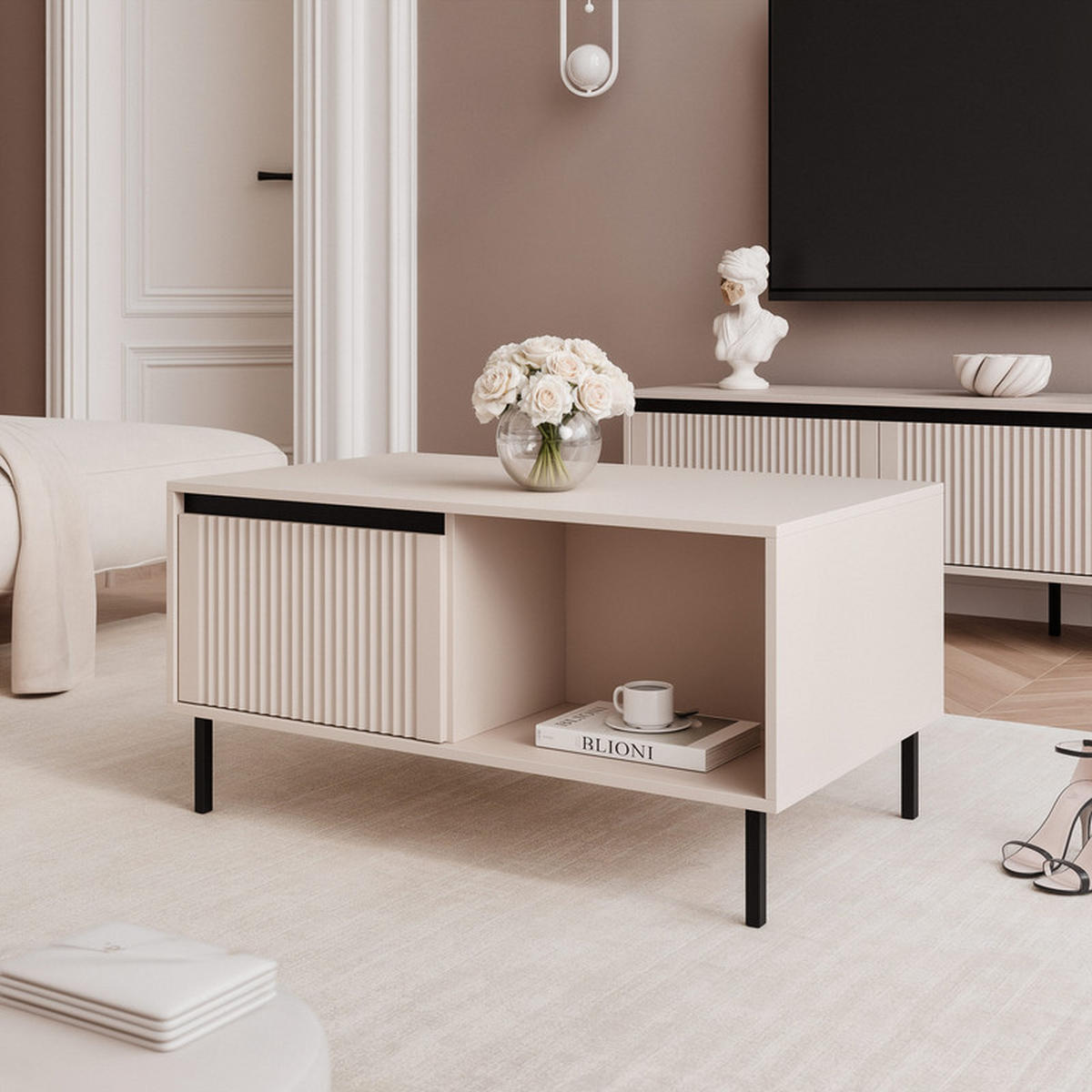 COUCHTISCH LIRA 100/60/50 cm Rechteckig, Beige - Beige/Schwarz, Holzwerkstoff/Metall (60/100/50cm) - Idohome