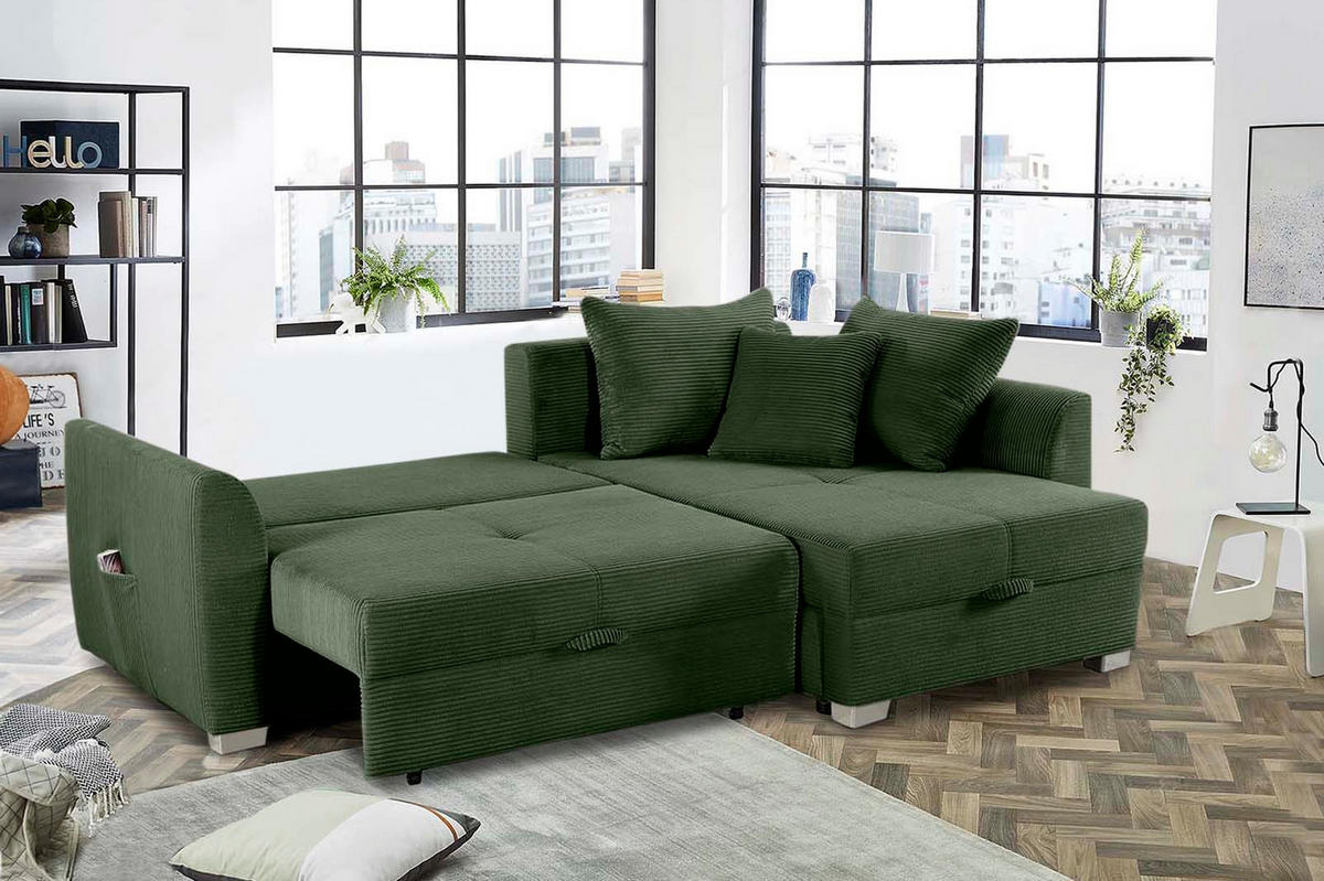 ECKSOFA mit Schlaffunktion und Bettkasten, seitenverkehrt montierbar B236/T160/H81 cm, Liegefl. 142x202 cm, Cord Grün / 15207 - Chromfarben/Grün, Kunststoff/Textil (236/160cm) - luma-home