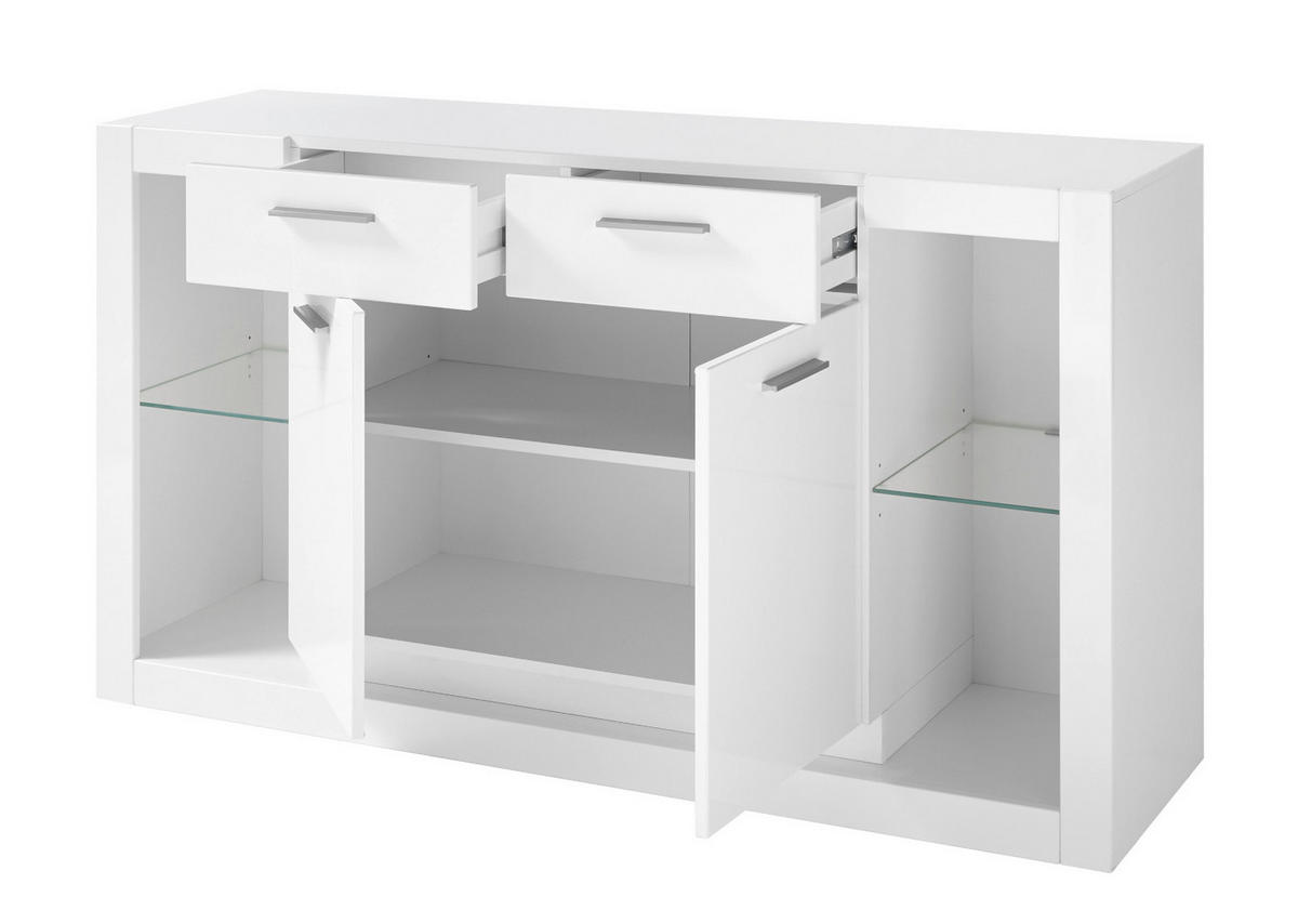 SIDEBOARD weiß Hochglanz 150 cm, Kommode mit viel Stauraum - Weiß Hochglanz/Silberfarben, Glas/Holzwerkstoff (150/83/43cm) - Furn.Design