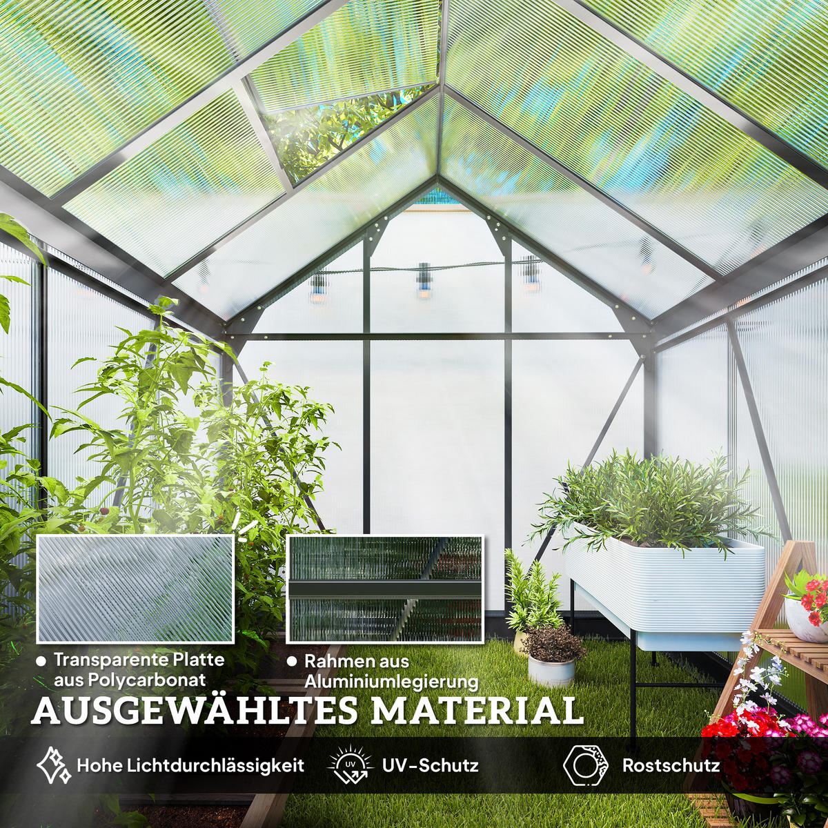 GEWÄCHSHAUS Aluminium 3,65m² 190x192x201cm mit Fundament Dachfenster - Grau, Metall (190/201/192cm) - Outsunny