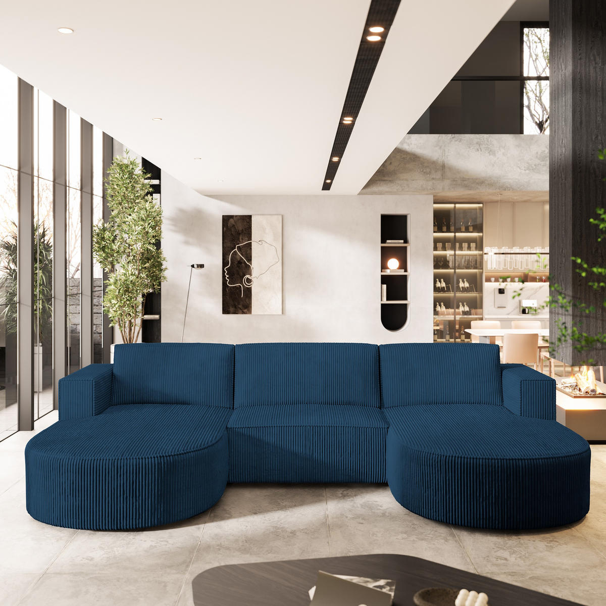 ROHOVÁ SEDAČKA VEZZO modrá - šedá/modrá, dřevo/textil (347/174cm) - MASSENO