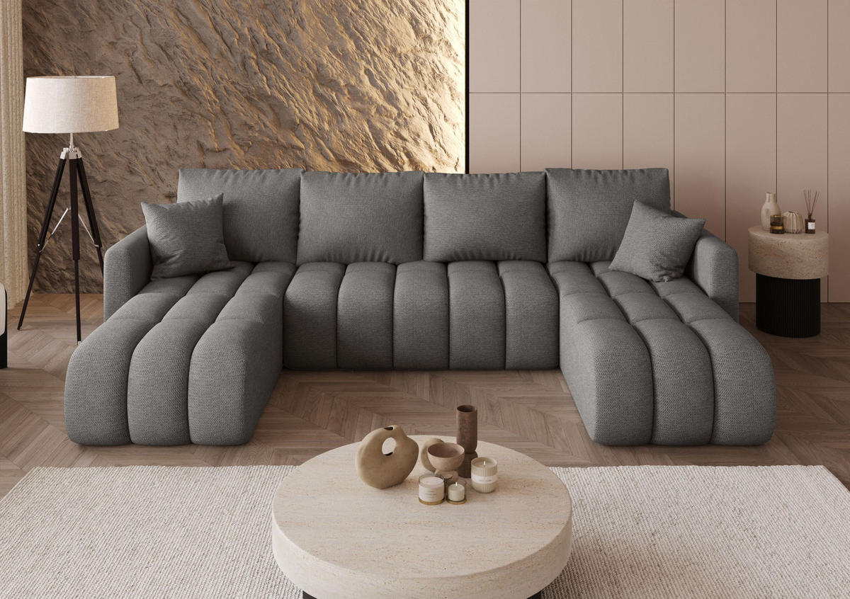 WOHNLANDSCHAFT GARDA U-Form hellgrau Strickstoff Aragon 83 - Schlaffunktion, Bettkasten - Hellgrau, Textil (305/88/150cm) - Cornero