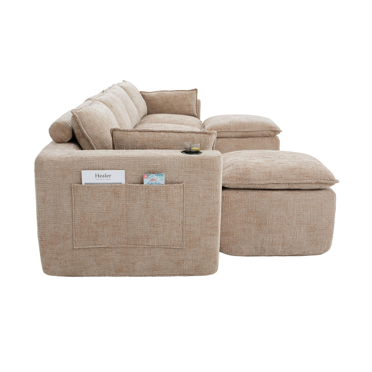 WOHNLANDSCHAFT DE-33951 modular mit 2 Fußhockern Khaki - Sandfarben, Textil (161/75/332cm) - ComfortXL