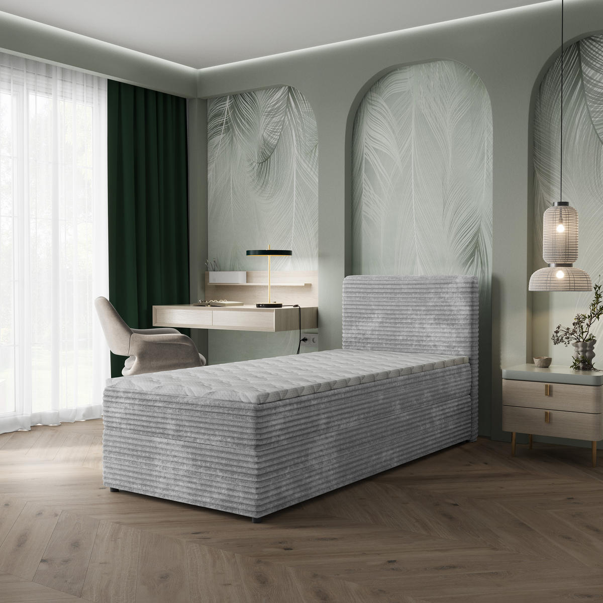 BOXBETT PISA 90 90x200 cm mit Matratze und Topper, H2+H3 - Hellgrau - Hellgrau, Holz (90/200cm) - MASSENO