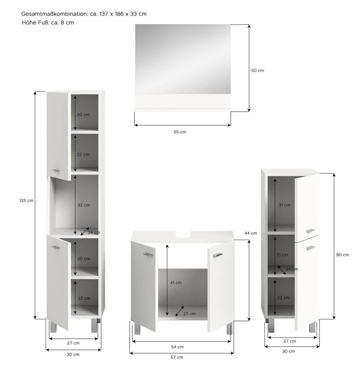 BADMÖBEL-SET weiß 4-teilig 140 cm, Kombination hängend oder stehend - Weiß, Glas/Holzwerkstoff (137/186/33cm) - Inn.Furn