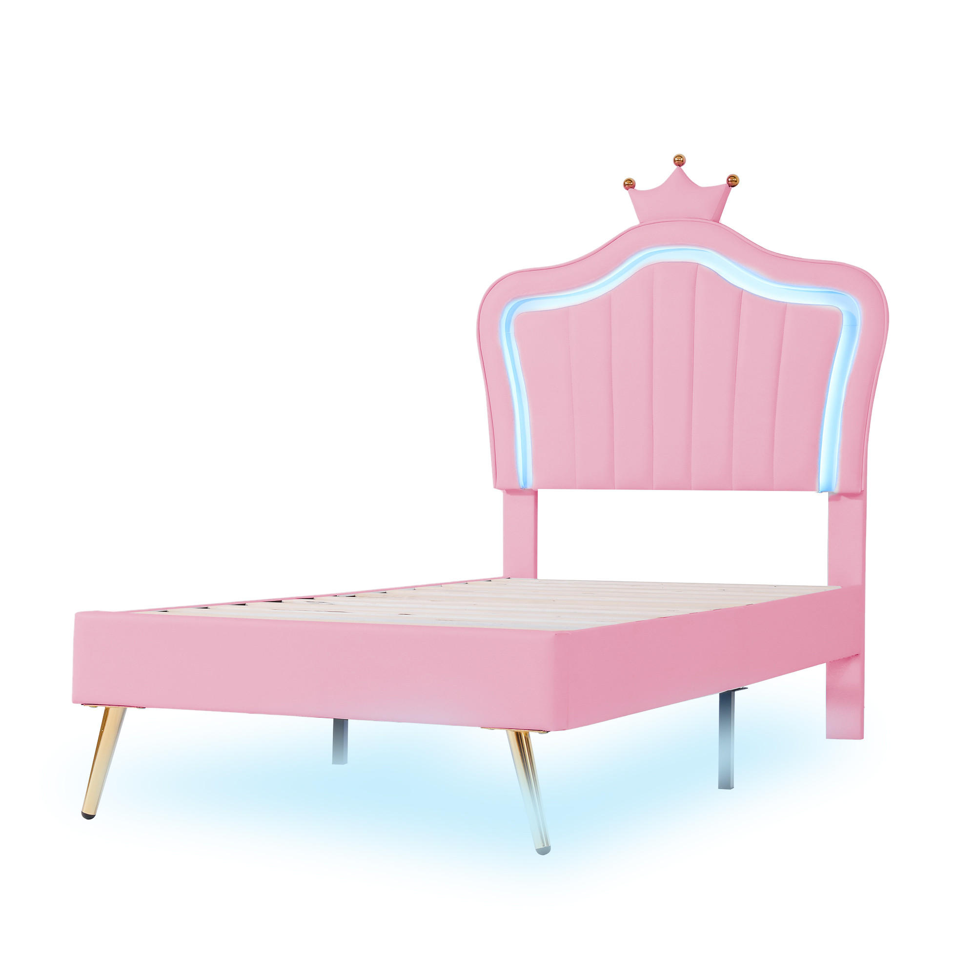 KINDERBETT 90/200 cm Rosa Polsterbett mit LED-Beleuchtung und Kronen-Design - Pink, Textil (90/200cm) - OKWISH