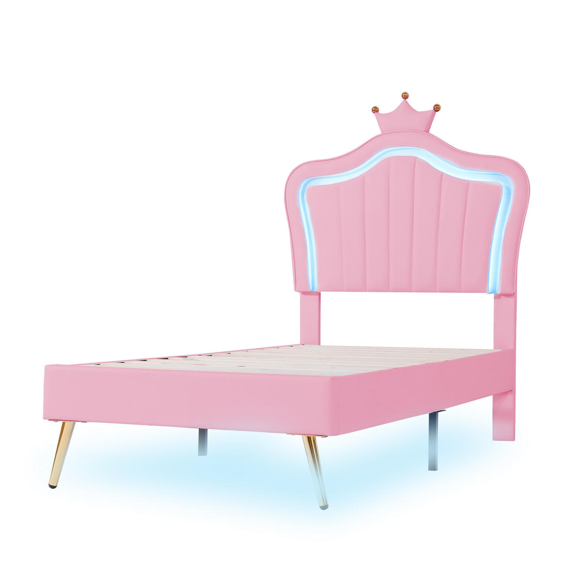 KINDERBETT 90/200 cm Rosa Polsterbett mit LED-Beleuchtung und Kronen-Design - Pink, Textil (90/200cm) - OKWISH