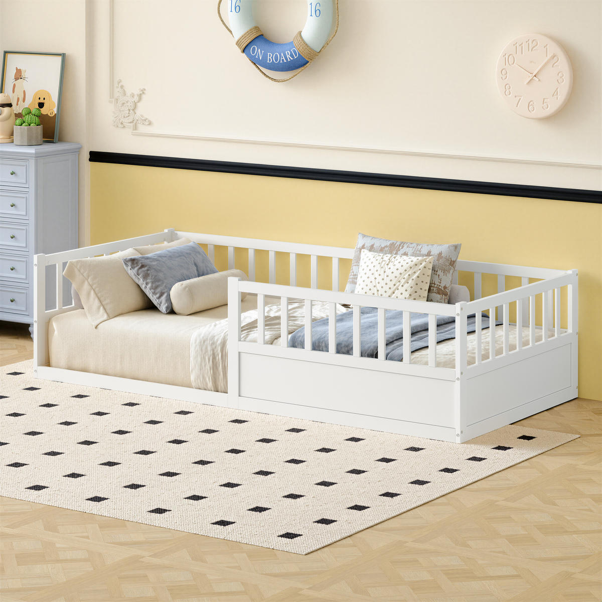 KINDERBETT 90/200 cm in Weiß aus Kiefer mit Rausfallschutz - Weiß, Holzwerkstoff/Metall (90/200cm) - WISHDOR