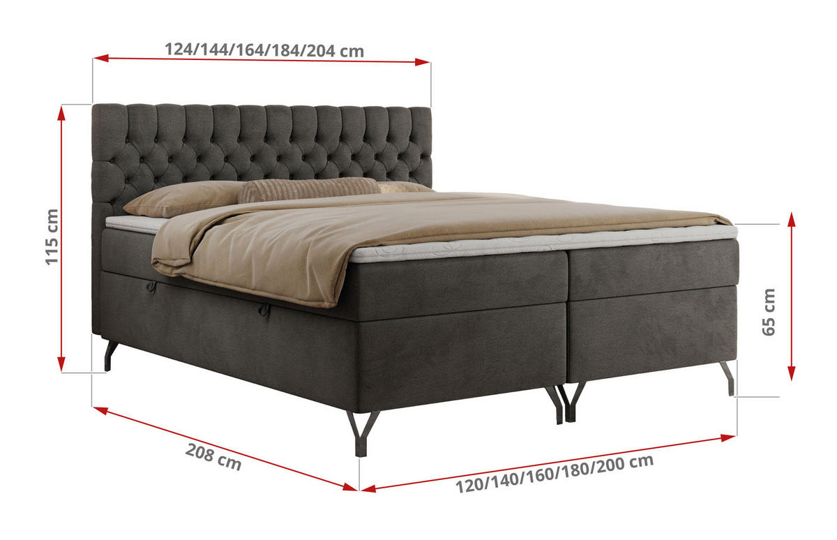 BOXBETT GRIMALDI 200/200 Dunkelgrau Velvet - H4 - Dunkelgrau, Holz/Textil (200/200cm) - MKS