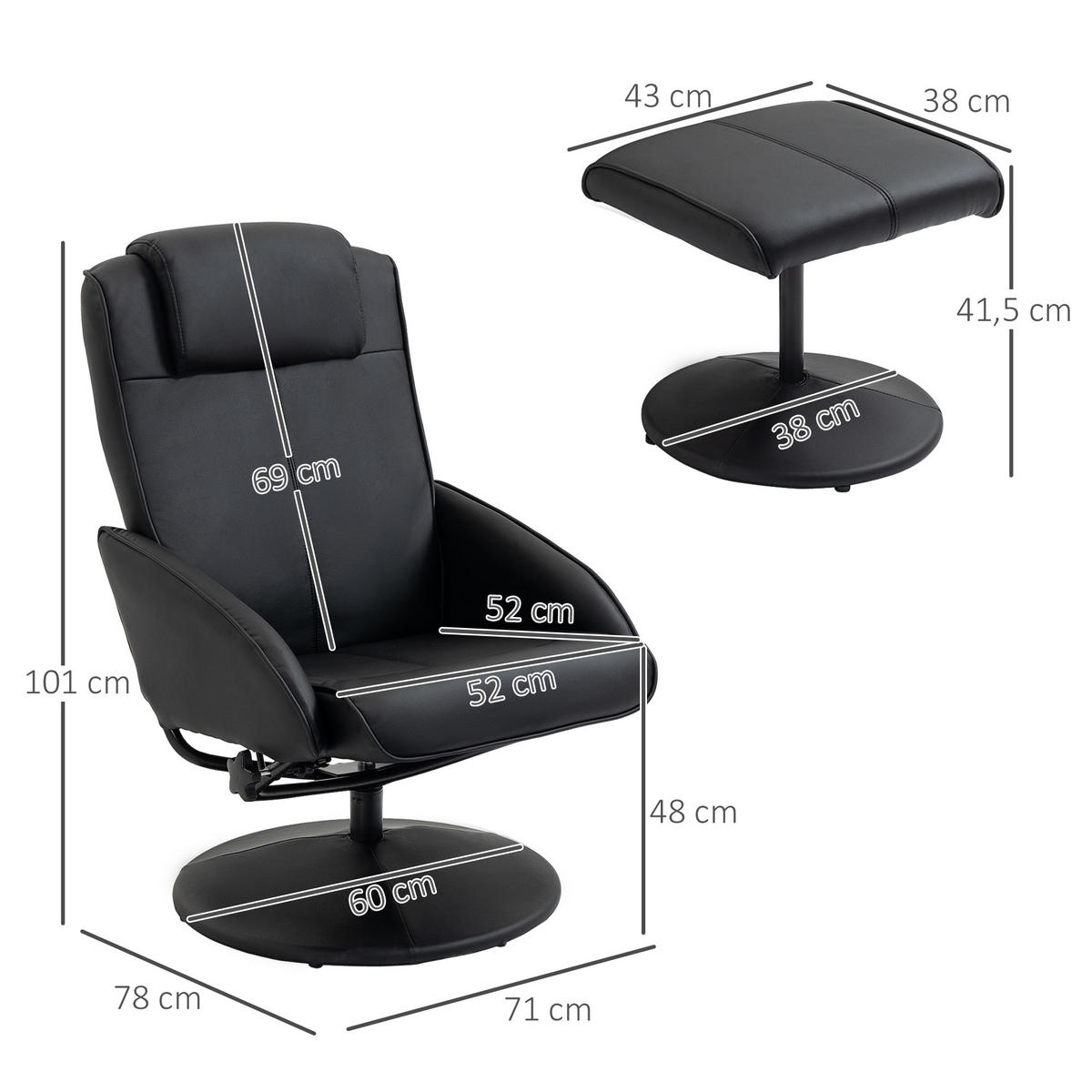 RELAXSESSEL Sessel Fernsehsessel mit Fußstütze Armsessel 360° drehbar Schwarz - Schwarz, Leder/Kunststoff (67/98/78cm) - HOMCOM