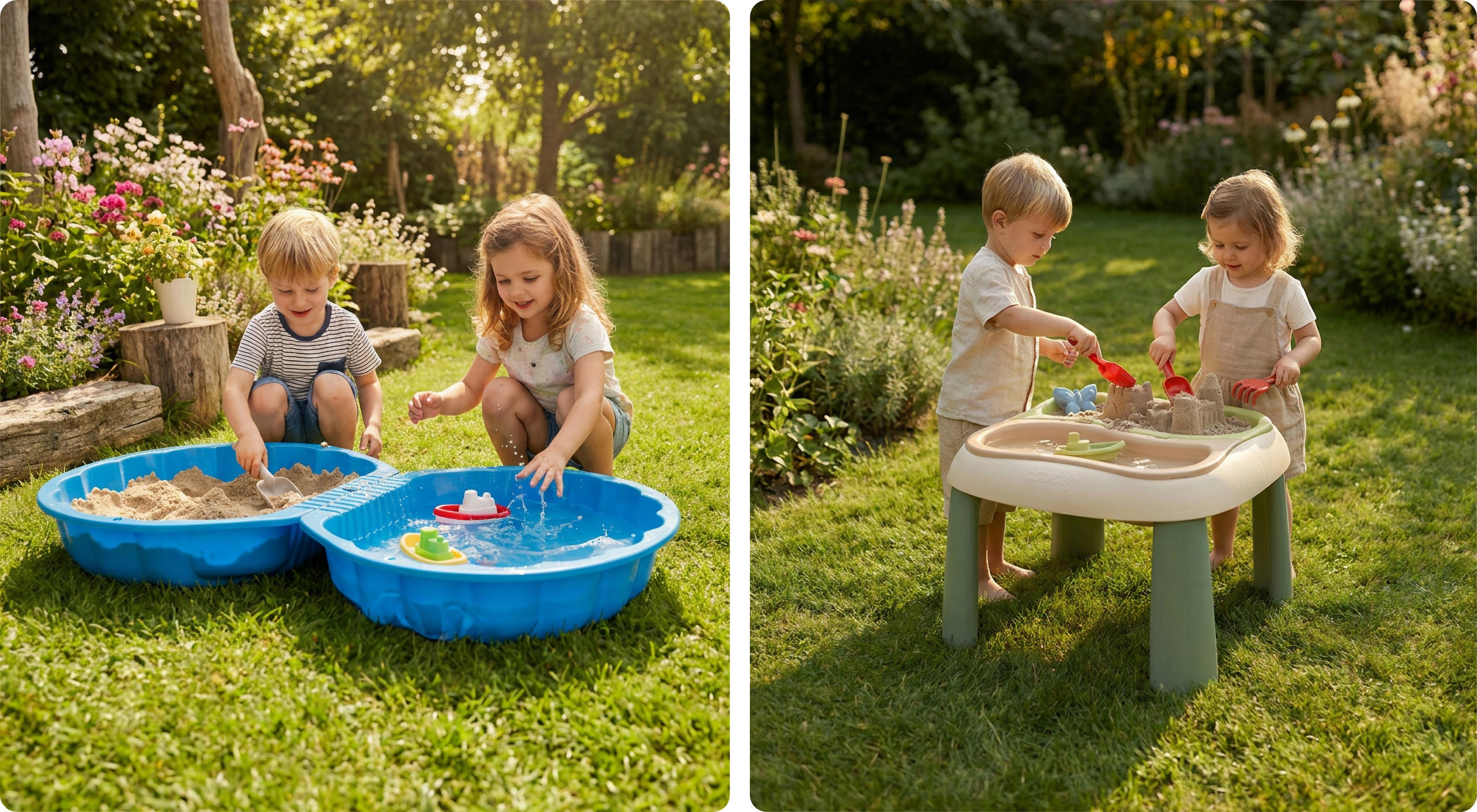 Zwei Kleinkinder spielen draußen auf einer Wiese mit einem blauen Sand- und Wasserspielzeug und an einem Sand- und Wasserspieltisch.