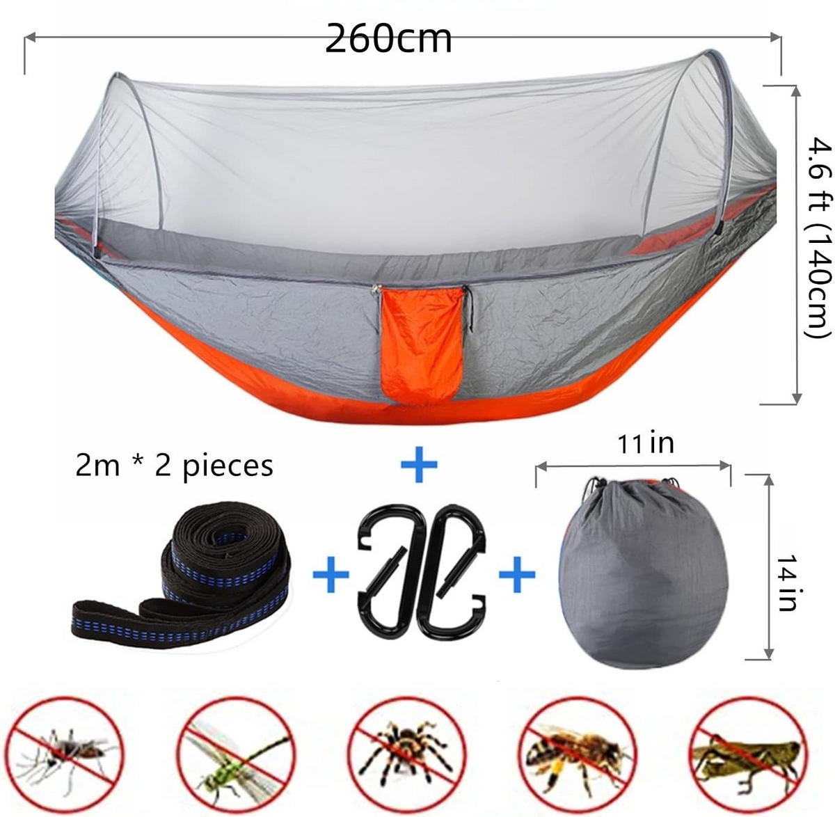 HÄNGEMATTE Mit Moskitonetz, 1-2 Personen, Nylon, Orange - Orange, Textil (260/1/140cm) - Authentics