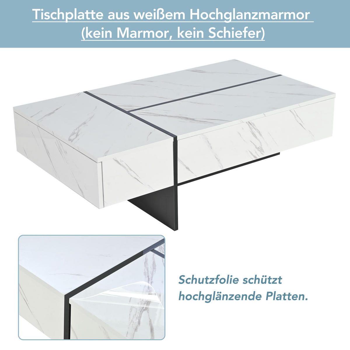 COUCHTISCH 105/60/35 cm weiß mit LED-Beleuchtung und Marmormuster - Weiß, Holzwerkstoff (105/60/35cm) - OKWISH