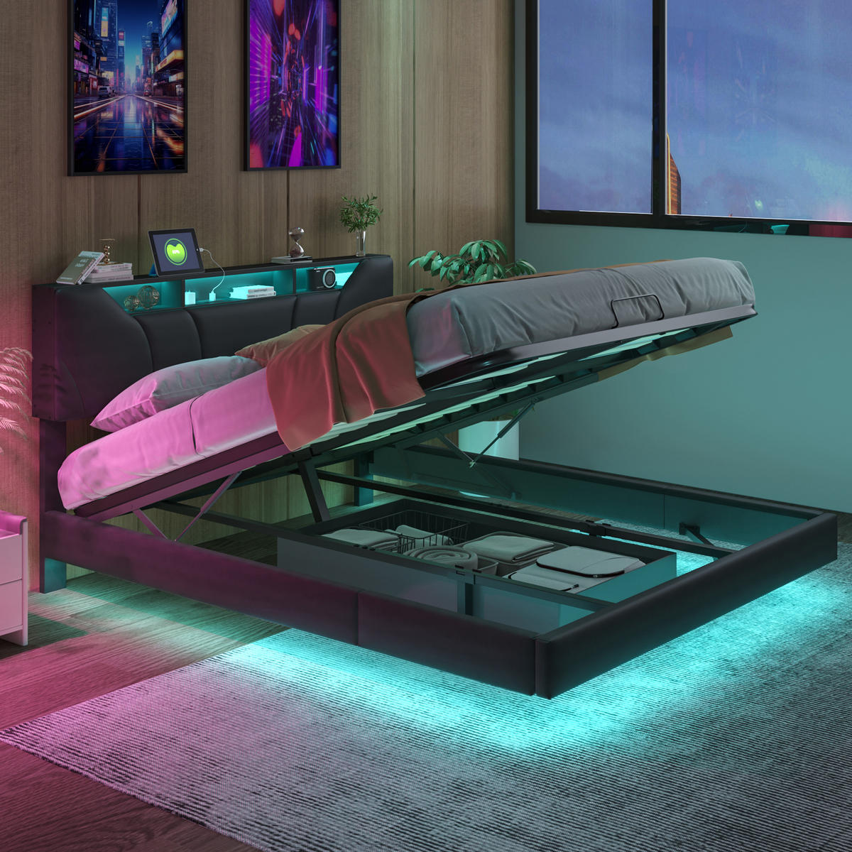 POLSTERBETT 160x200 cm in Schwarz,Bett mit höhenverstellbarem Kopfteil und LED - Schwarz, Holz/Metall (160/200cm) - PARAFTA HOME