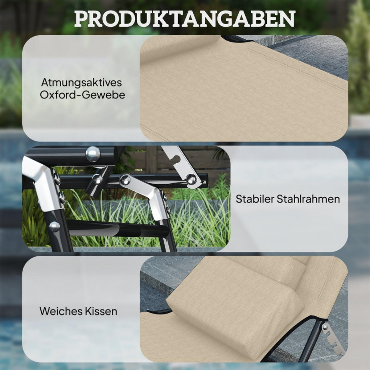 SONNENLIEGE aus Metall 187x58x36 cm in Beige mit Gesichtsloch, klappbar - Beige, Metall (58/36/187cm) - Modfu