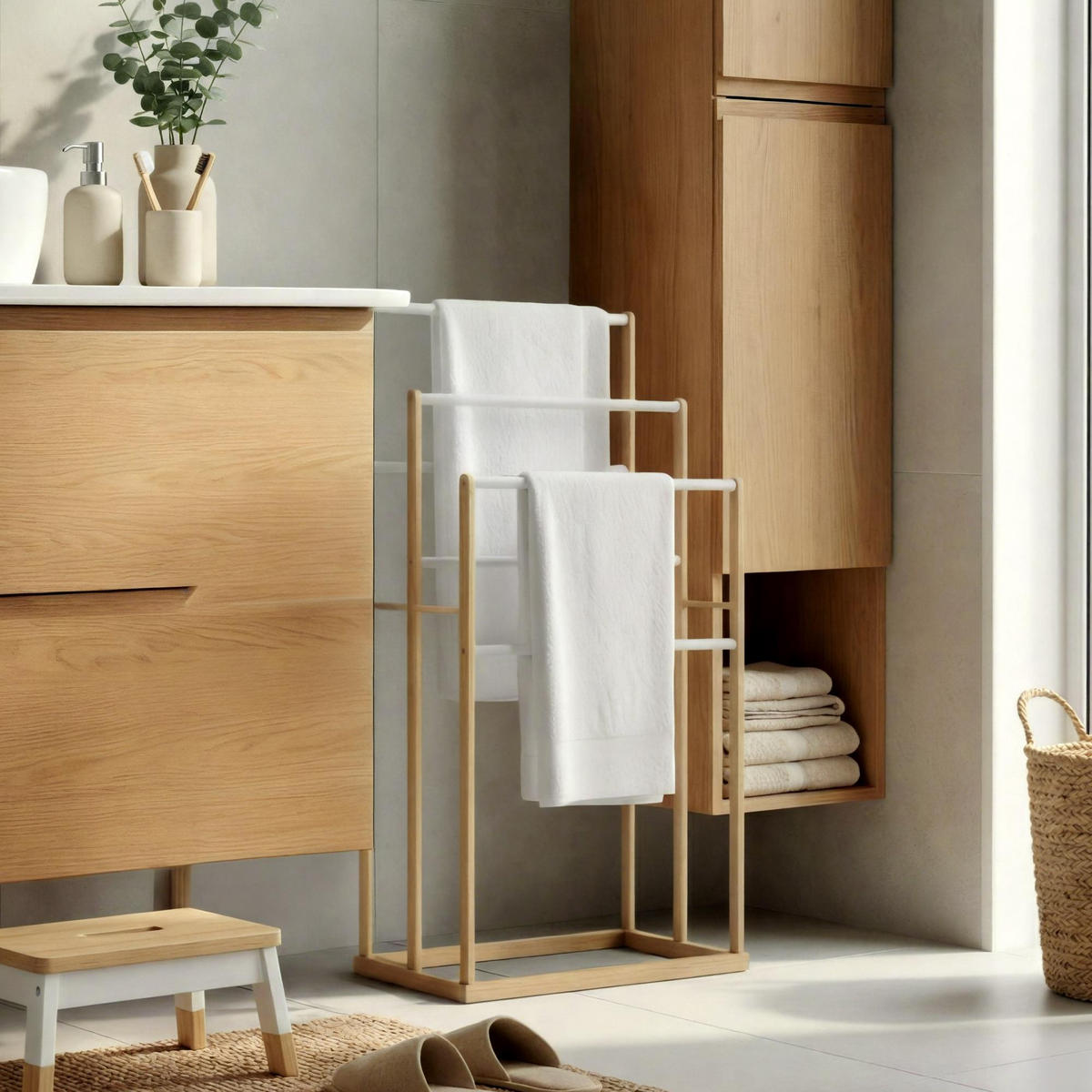 HANDTUCHHALTER eckig 42/24/82 cm Holz Natura - Eukalyptusholzfarben, Holz (42/82/24cm) - CLP