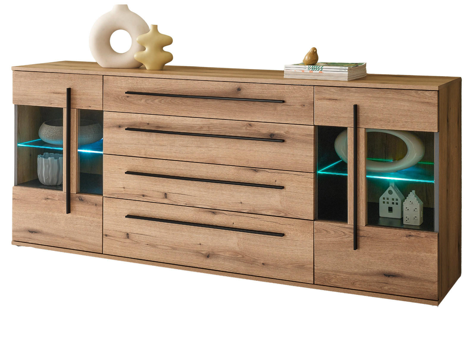 SIDEBOARD Eiche Evoke, Kommode 200 cm mit Soft-Close - Eichefarben/Schwarz, Glas/Holzwerkstoff (200/86/42cm) - Furn.Design