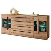SIDEBOARD Eiche Evoke, Kommode 200 cm mit Soft-Close - Eichefarben/Schwarz, Glas/Holzwerkstoff (200/86/42cm) - Furn.Design